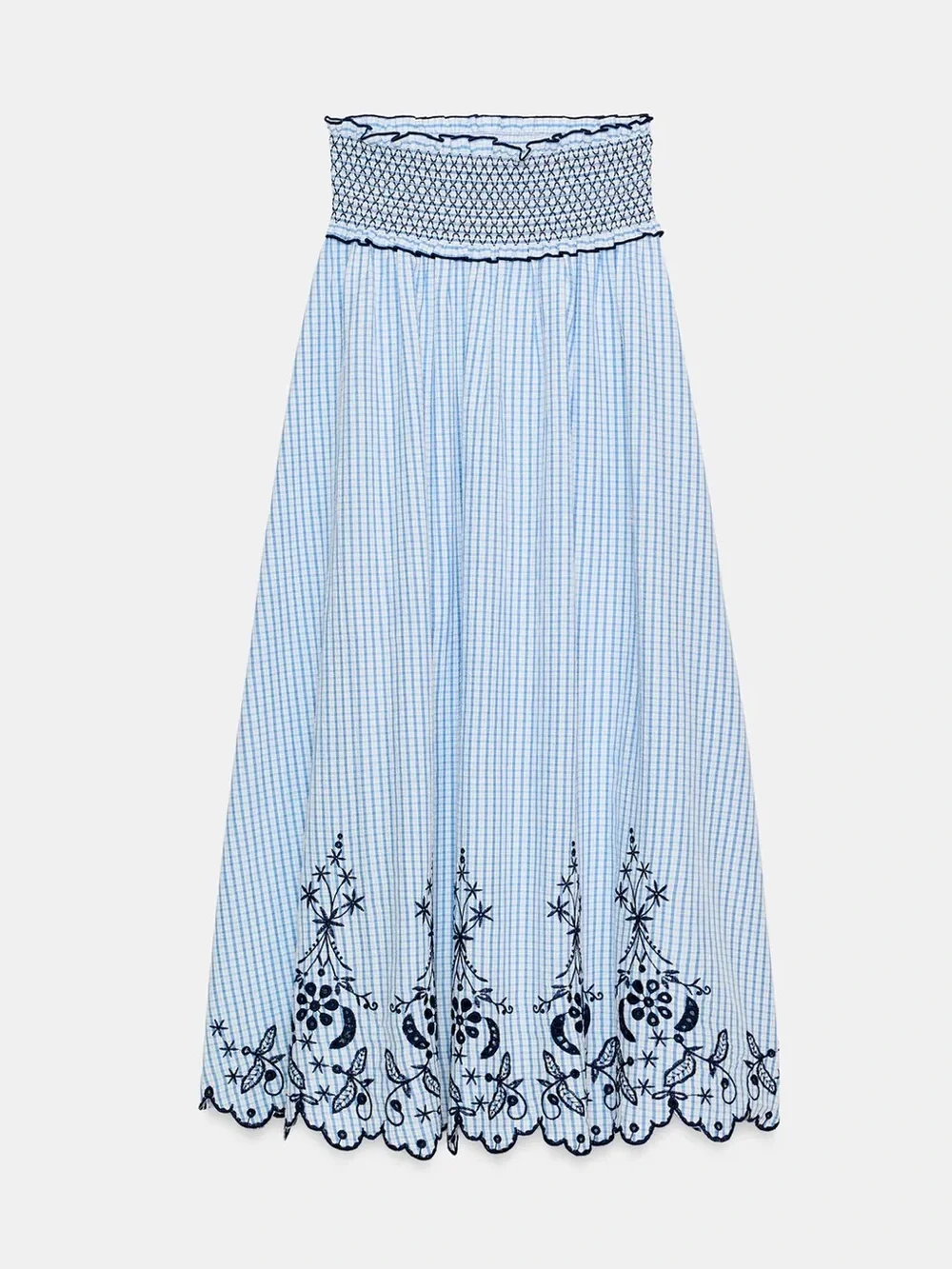 Zara Embroidered Plaid Midi Skirt featuring a smocked waist
